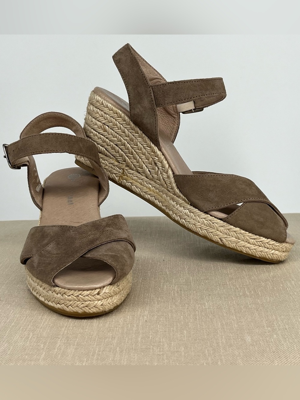 Eric Michael Taupe Brown Suede Espadrille Wedge Sandals
